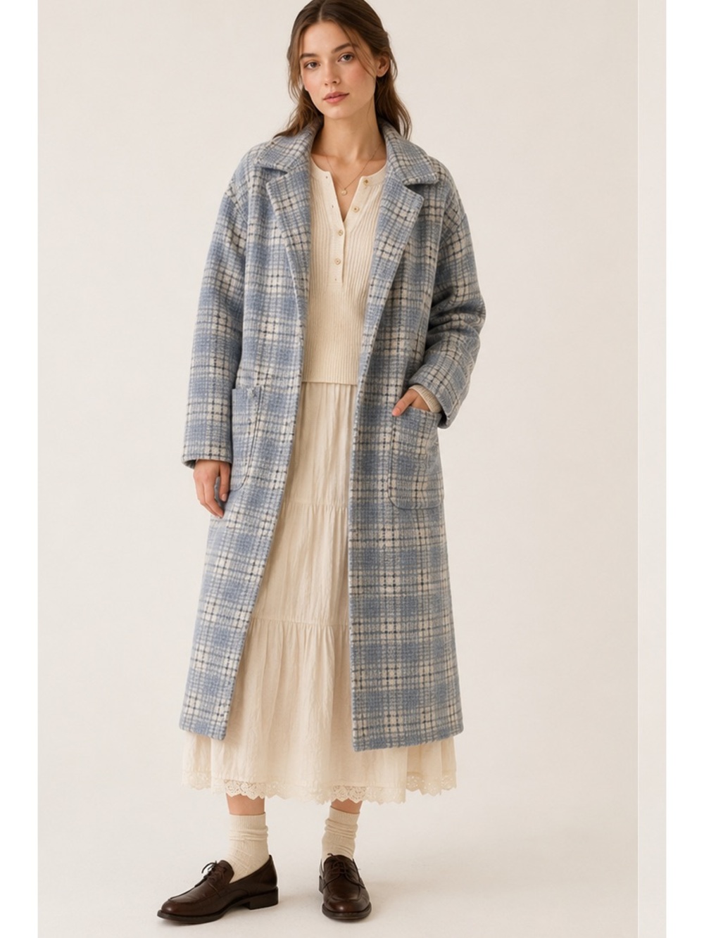 Tahari Light Blue Plaid Long Open-Front Light Academia Cottagecore Coatigan L